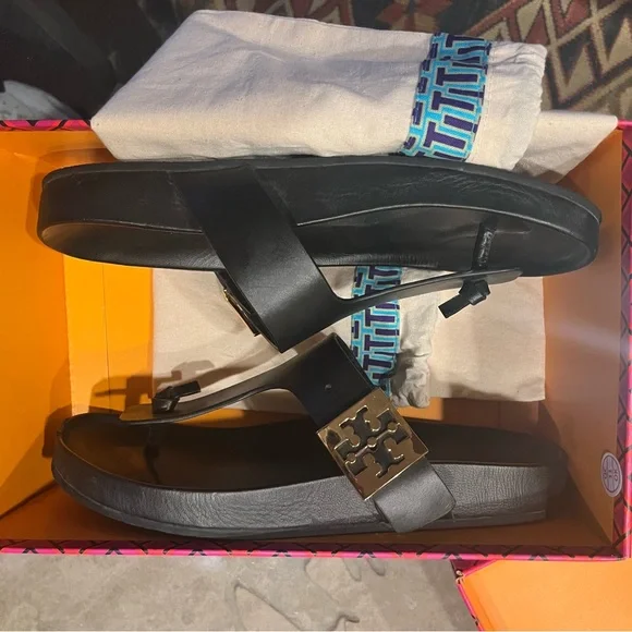 Like New- Size 7 GORGEOUS Tory Burch Black Leather Sandals with Gold Buckle - Picture 5 of 6